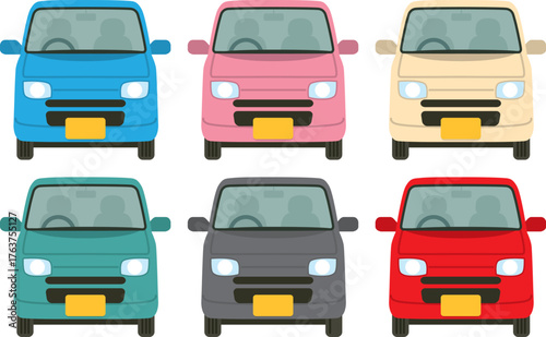 真正面の軽自動車のイラスト（主線なし・6色セット／青・ピンク・クリーム・深緑・黒・赤）