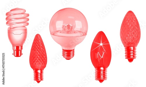 Tablou pe pânză Assorted red light bulbs including led and incandescent on white background