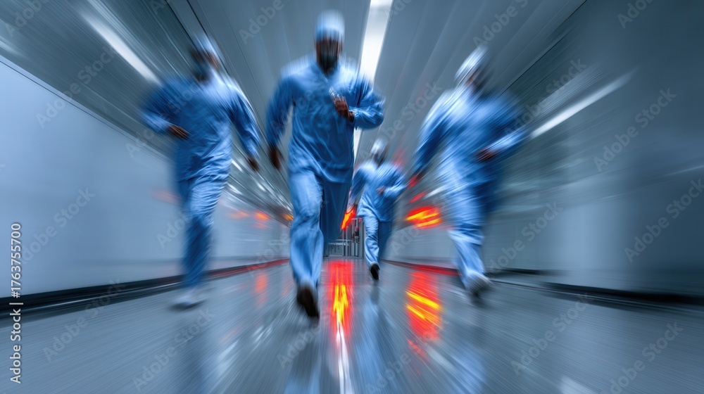 Obraz premium Blurred walking doctors and nurses in blue scrubs, long exposure hospital hallway