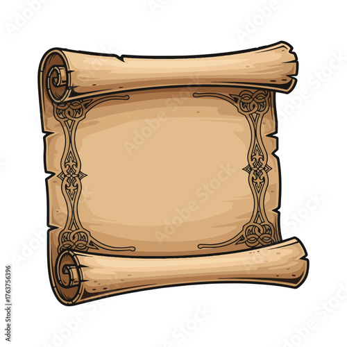 An illustration of an old, rolled parchment scroll with decorative Celtic knot borders, isolated on a white background.