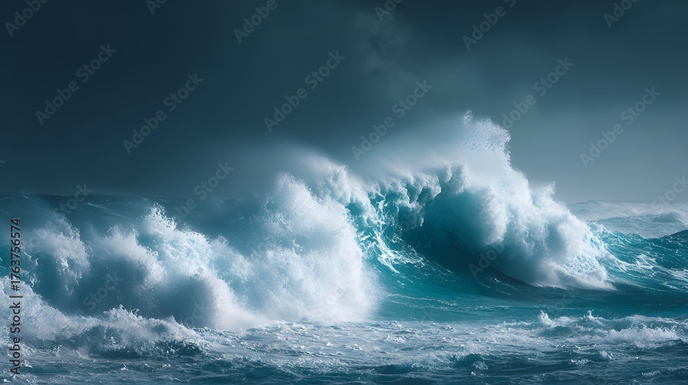 Naklejka premium Enormous ocean waves crash violently beneath a dark, stormy sky