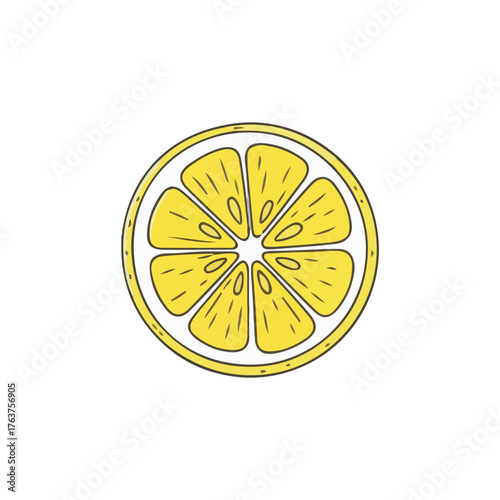 A hand-drawn illustration of a vibrant yellow lemon slice, showing its juicy segments and rind in a circular cross-section.