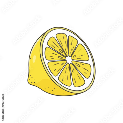 A vibrant, stylized illustration of a bright yellow lemon cut in half, revealing its juicy segmented interior and white pith against a clean white background.