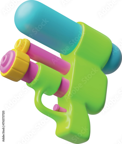 Water gun with refill water reservoir 3D cartoon plastic style, vector colorful kids blaster, water spraying weapon toy