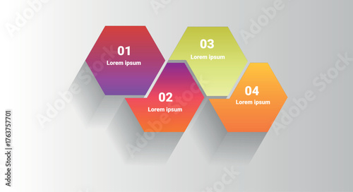 4 step infographic with colorful hexagon shapes and soft shadows on a light background. Perfect for process charts, business presentations, and data visualization.