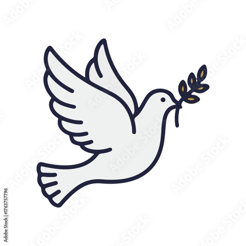 A simple, elegant illustration of a white dove in flight, carrying an olive branch in its beak as a symbol of peace and hope.