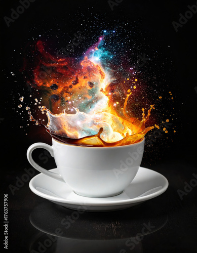 Cosmic coffee splash nebula liquid white ceramic cup saucer dark background glowing stars colorful splash galaxy swirl fiery splash fantasy drink. Cosmic coffee splash with nebula liquid white