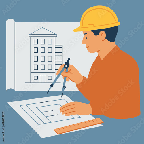 Architect Drawing Building Plans with Compass and Ruler Flat Vector Illustration