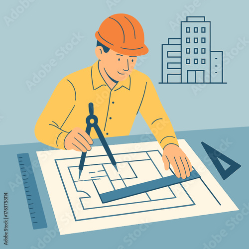 Architect Drawing Building Plans with Compass and Ruler Flat Vector Illustration