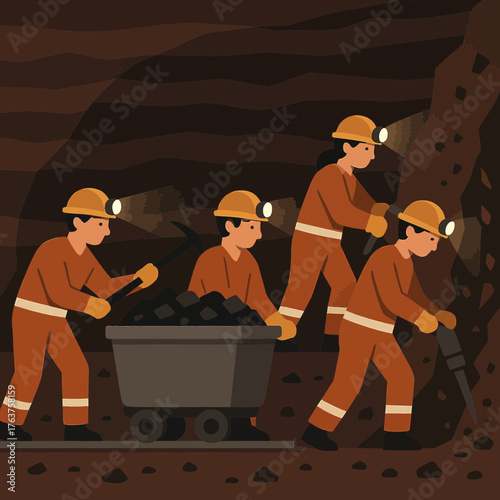 Mining Workers Extracting Coal in Mine Flat Vector Illustration