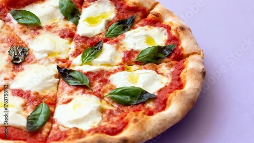 Delicious Margherita Pizza With Fresh Basil And Mozzarella Cheese On A Light Purple Background