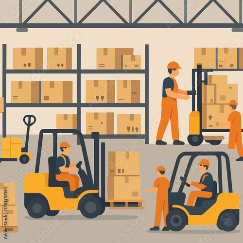 Warehouse Workers Moving Boxes with Forklift and Hand Pallet Flat Vector Illustration