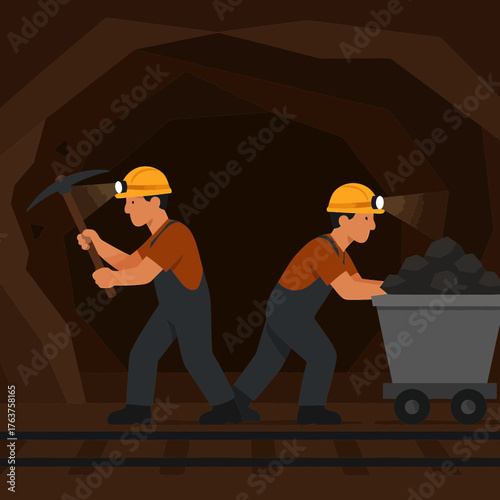 Mining Workers Extracting Coal in Mine Flat Vector Illustration