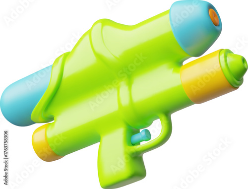 Water gun with refill water reservoir 3D cartoon plastic style, vector green game pump blaster kids, spraying weapon toy