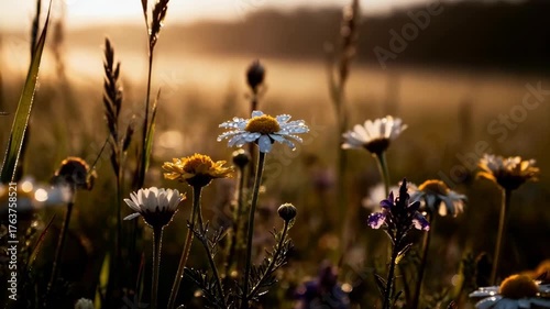 Dew Drops On Wildflowers At Sunrise With Golden Light And Soft Focus Background