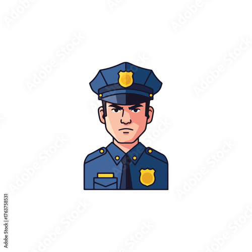 A cartoon illustration of a stern-looking male police officer in a blue uniform and cap.