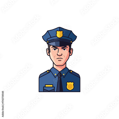 A stern-faced police officer in uniform, wearing a cap and badge, depicted in a stylized illustration against a white background.
