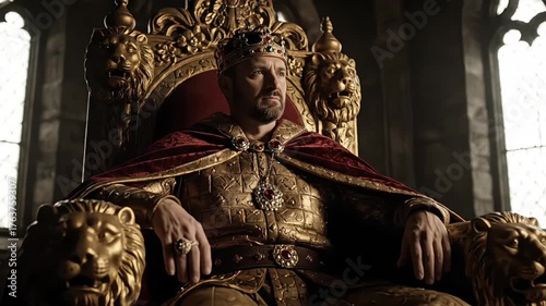 A powerful monarch sits on a golden throne in a grand hall, adorned with royal regalia.