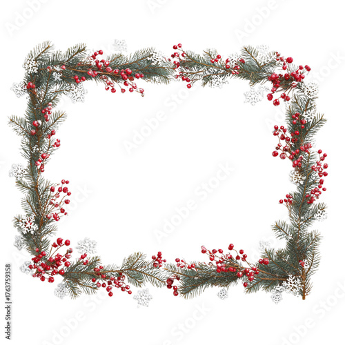 New Year’s rectangular frame made of pine branches, red berries, and white snowflakes. Isolated white background. Png format