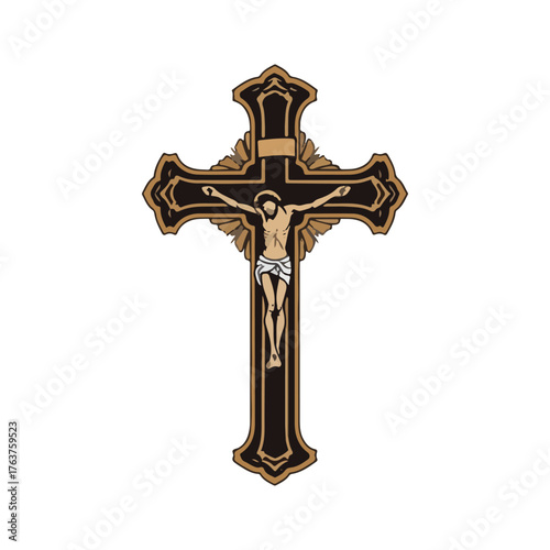 Stylized ornate crucifix featuring Jesus Christ on a dark cross, representing Christian faith and devotion.