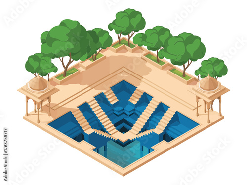 ancient stepwell garden, geometric stair patterns, blue water reservoir, shaded pavilions, trees surrounding, isometric heritage illustration, travel architecture