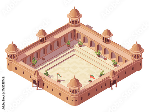 historic fort quadrangle, ornate arches, domes at corners, expansive marble courtyard, cultural monument, isometric scene, architecture concept, vector