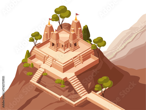 mountain temple complex, stairs ascending hillside, domed sanctum, surrounding trees, sacred pilgrimage destination, isometric landscape illustration, cultural heritage