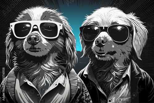 Cool Dog Duo Portrait: Generative AI Fashion Illustration with Sunglasses