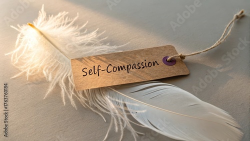 A wooden tag with self compassion text on a soft feather