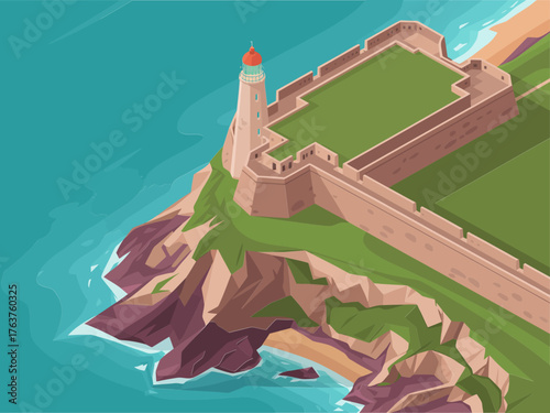 Coastal Fort Walls, Lighthouse On Headland, Rocky Shoreline, Ocean Waves, Historic Defense, Isometric Illustration, Maritime Landmark, Travel