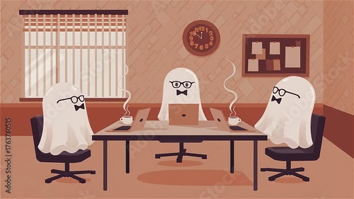 Ghosts having a business meeting in a cozy office during the day