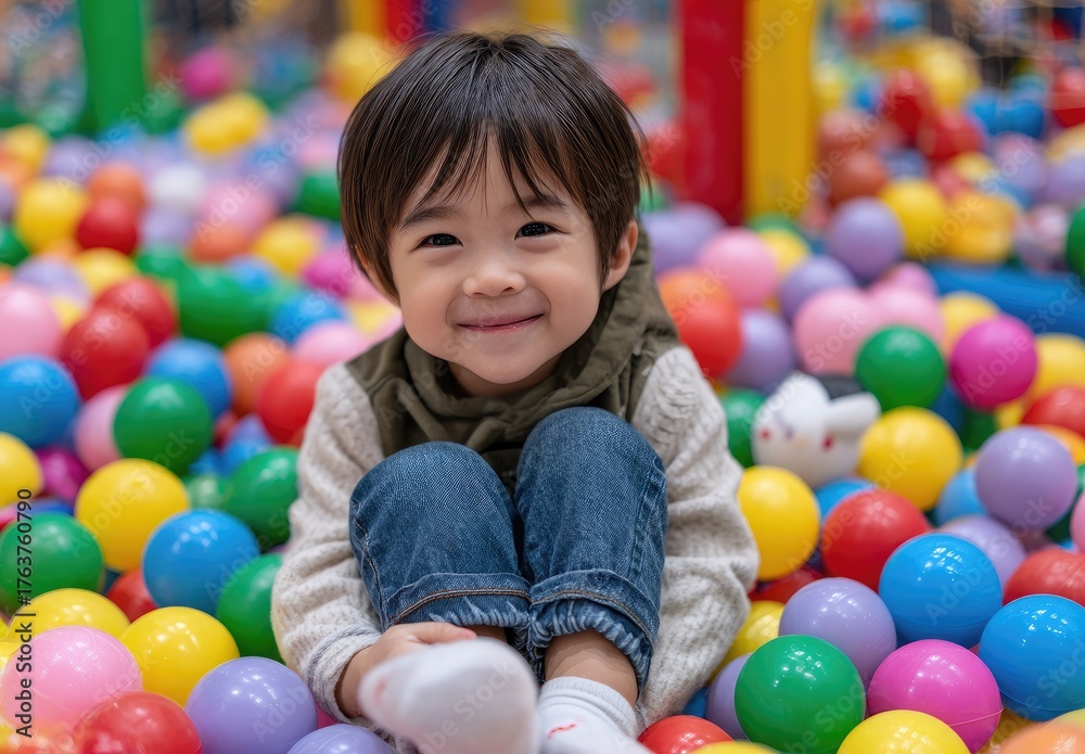 Obraz premium a happy boy sits in the ball pool of an indoor playground, surrounded by colorful balls and games