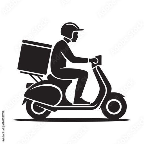 Silhouette of a delivery man on a scooter with a package isolated on white background, representing efficient urban logistics