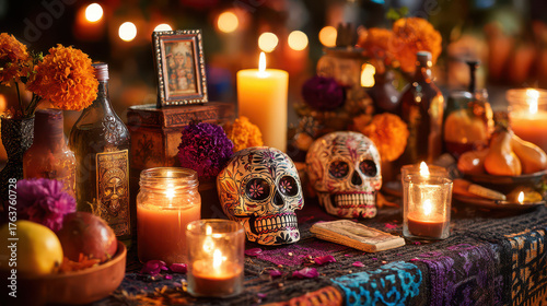 Day of the Dead Celebration Backgrounds – Colorful Dia de Muertos Decorations, Skulls, and Candles for Mexican Festival Scenes