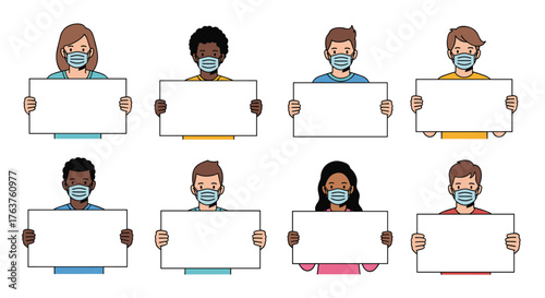 Diverse Group of People Wearing Masks Holding Blank Signs.