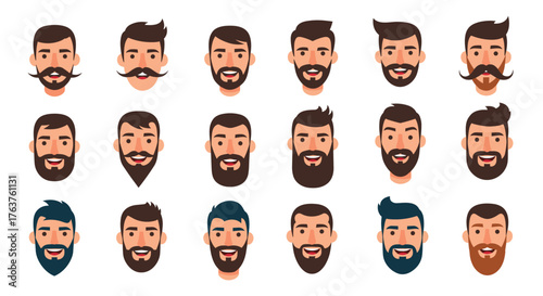 Diverse Mens Faces with Beards and Hairstyles - A Vector Illustration.