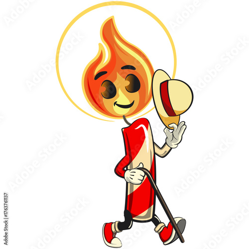cute candle mascot cartoon vector illustration with light flame character walk with a stick and saluting with raised hat, isolated for holiday and celebration design, work of hand drawn