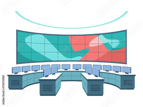 command center control room, curved workstation desks, large video wall, monitoring screens, surveillance operations, technology interior, vector illustration