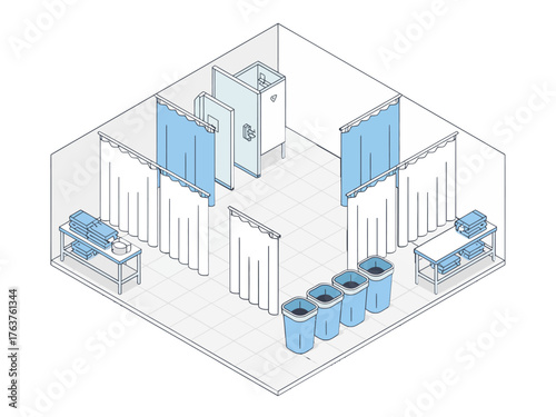 isometric locker room, shower stalls with curtains, benches and sinks, tiled floor, facility interior, sanitation design, vector illustration