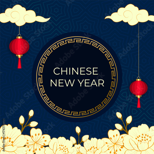 Elegant Chinese New Year poster with red lanterns, golden clouds, and blooming flowers on a deep blue background. Perfect for festive greetings, invitations, or holiday promotions
