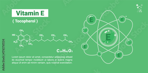 Illustration of vitamin E with molecular structure, chemical name Tocopherol in chemistry C29H50O2