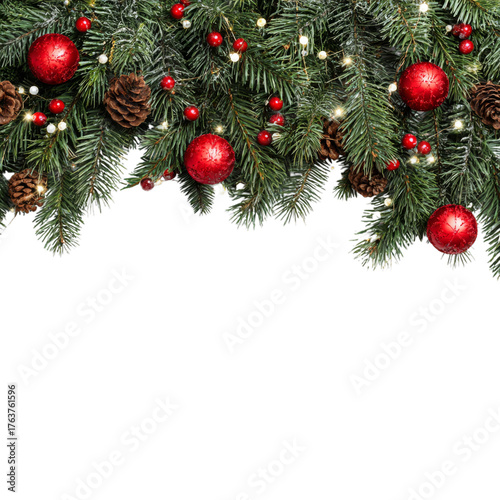 Half-frame of cozy Christmas greenery with red baubles, white lights, and pinecones. Isolated white background. Png format