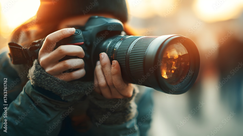 Fototapeta premium Person holding a professional camera with a large lens to capture an image outdoors during golden hour