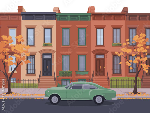 Rowhouse streetscape illustration, autumn trees, parked sedan, classic brick facades, residential city block, urban architecture design vector