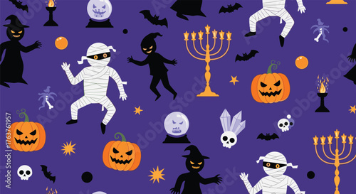 Halloween Pattern with Pumpkins, Mummies, and Witches.