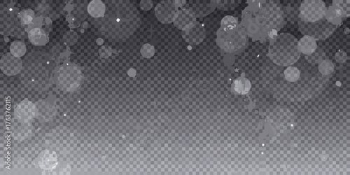 Abstract grayscale bokeh circles and particles overlay on transparent background