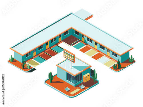 isometric roadside motel complex, angled corner building, outdoor pool area, parking spaces, entrance sign, travel accommodation, vector illustration