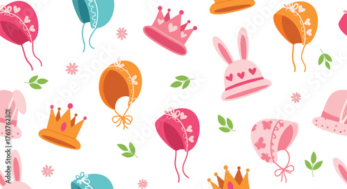 Cute Baby Bonnets and Crowns Pattern on White Background.