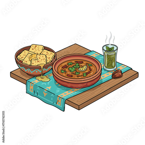 Middle Eastern food with savory dipping stew pita bread and mint tea set