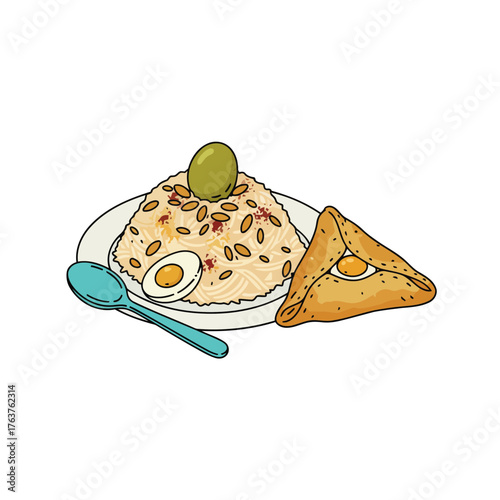 Middle Eastern rice with egg and triangular sambusa pastry illustration